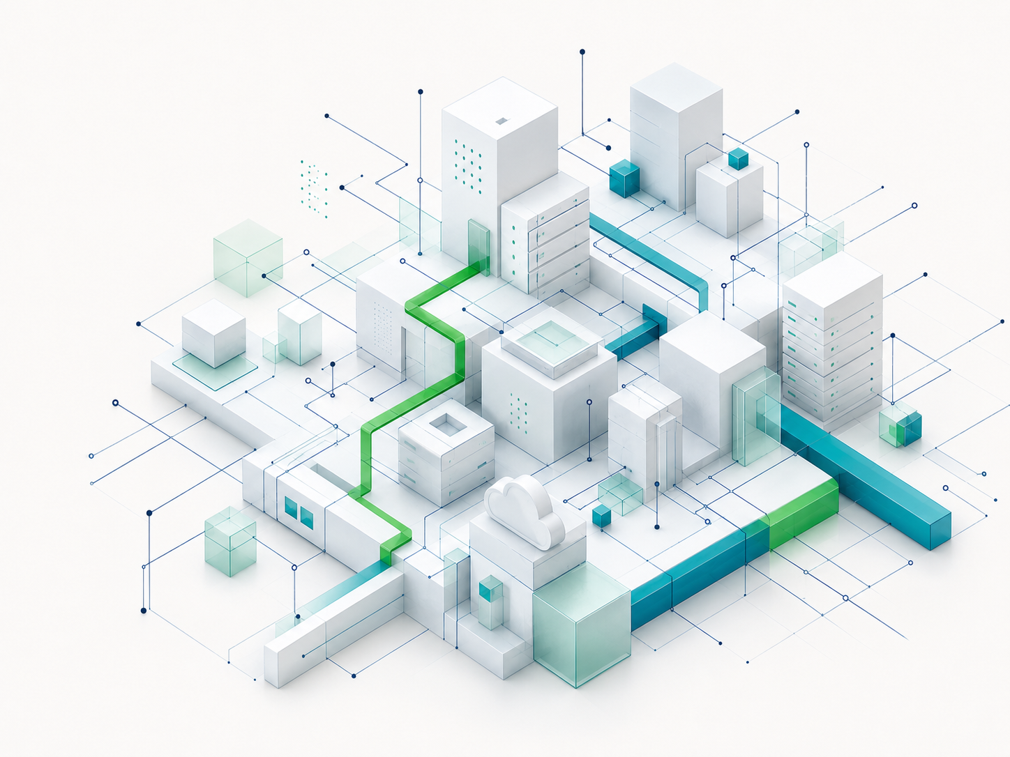 Jaringan infrastruktur TI modern dengan jalur data hijau dan teal